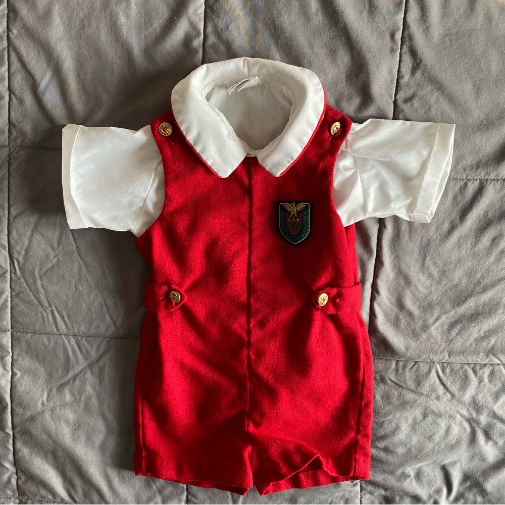 Vintage Imp. Originals 3T Red Overalls Collared Shirt Set Patch USA 1960s Shorts